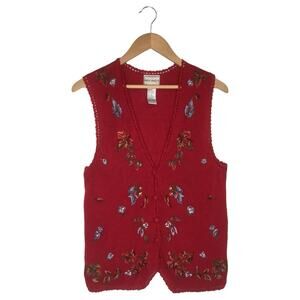 Napa Valley Womens S Knit Embroidered Crochet Button Vest Granny Cottagecore Red